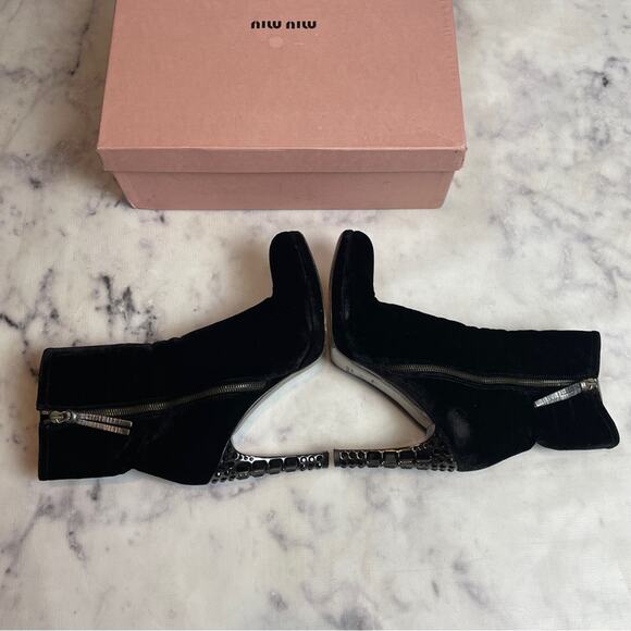 Miu Miu Black Velvet Crystal Embellished Ankle Boots Stiletto Heel Zip Booties - Picture 6 of 12